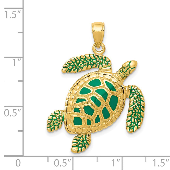 Million Charms 14K Yellow Gold Themed 3-D Enameled Sea Turtle Pendant