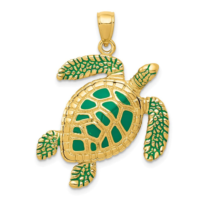 Million Charms 14K Yellow Gold Themed 3-D Enameled Sea Turtle Pendant