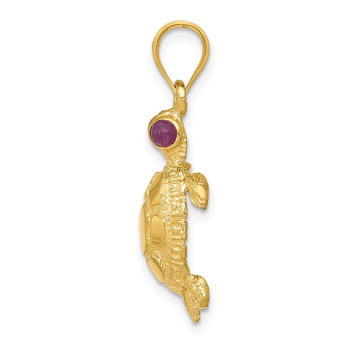 Million Charms 14K Yellow Gold Themed Turtle With Ruby Eyes Pendant