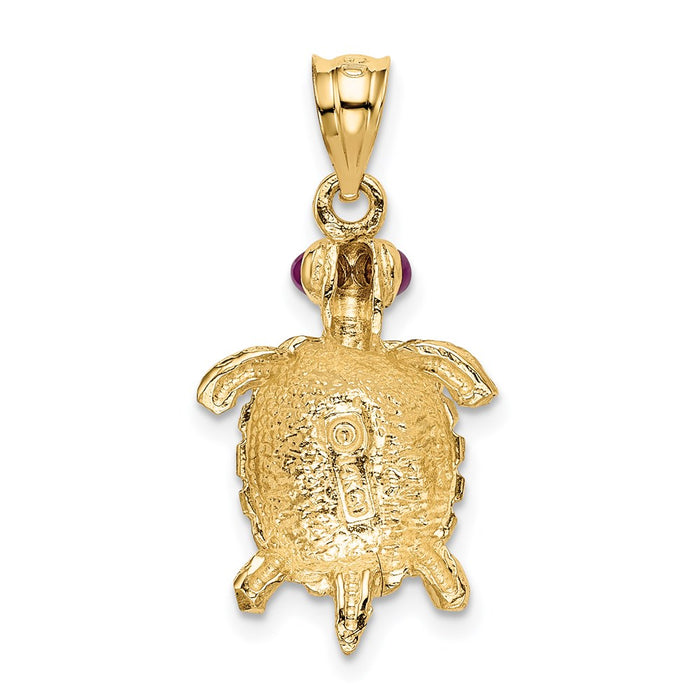 Million Charms 14K Yellow Gold Themed Turtle With Ruby Eyes Pendant
