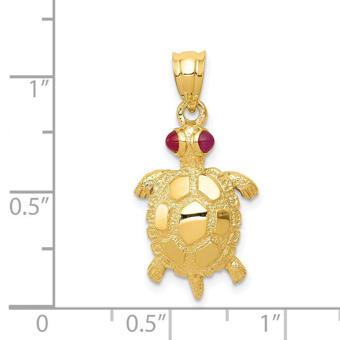 Million Charms 14K Yellow Gold Themed Turtle With Ruby Eyes Pendant