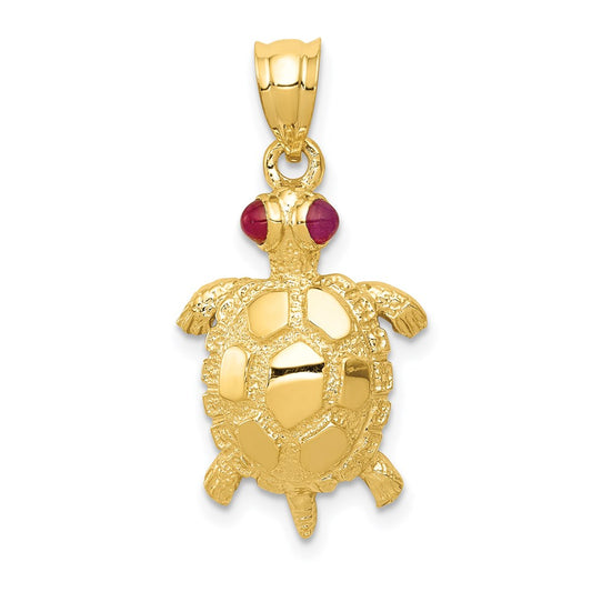 Million Charms 14K Yellow Gold Themed Turtle With Ruby Eyes Pendant