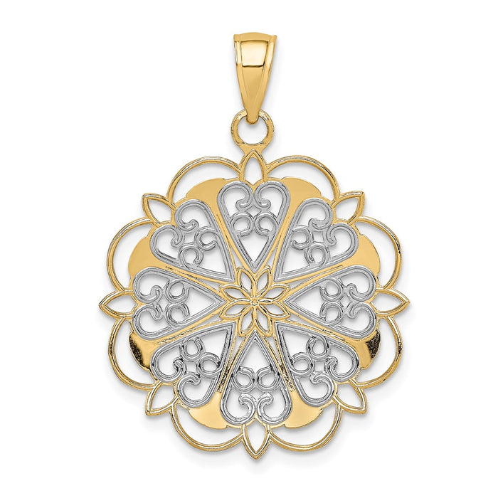 Million Charms 14K Yellow Gold Themed, Rhodium-plated Filigree Hearts With Scalloped Edge Pendant