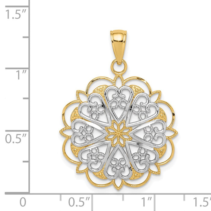 Million Charms 14K Yellow Gold Themed, Rhodium-plated Filigree Hearts With Scalloped Edge Pendant