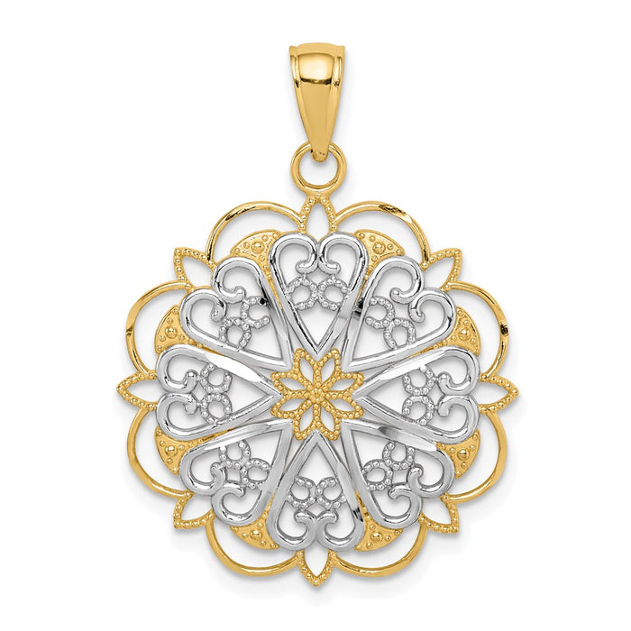 Million Charms 14K Yellow Gold Themed, Rhodium-plated Filigree Hearts With Scalloped Edge Pendant