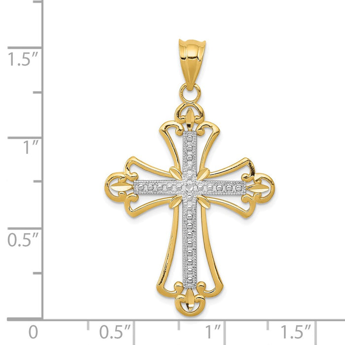 Million Charms 14K Yellow Gold Themed With Rhodium-plated Budded Relgious Cross Pendant