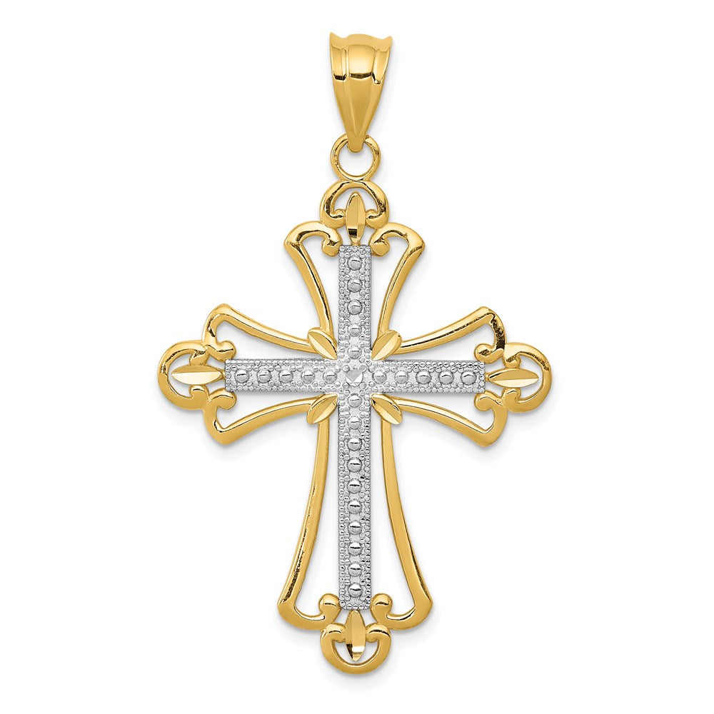 Million Charms 14K Yellow Gold Themed With Rhodium-plated Budded Relgious Cross Pendant