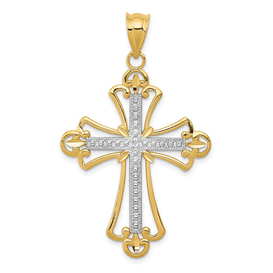 Million Charms 14K Yellow Gold Themed With Rhodium-plated Budded Relgious Cross Pendant