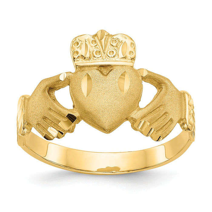 14k Yellow Gold Diamond-cut Claddagh Men's Ring, Size: 10