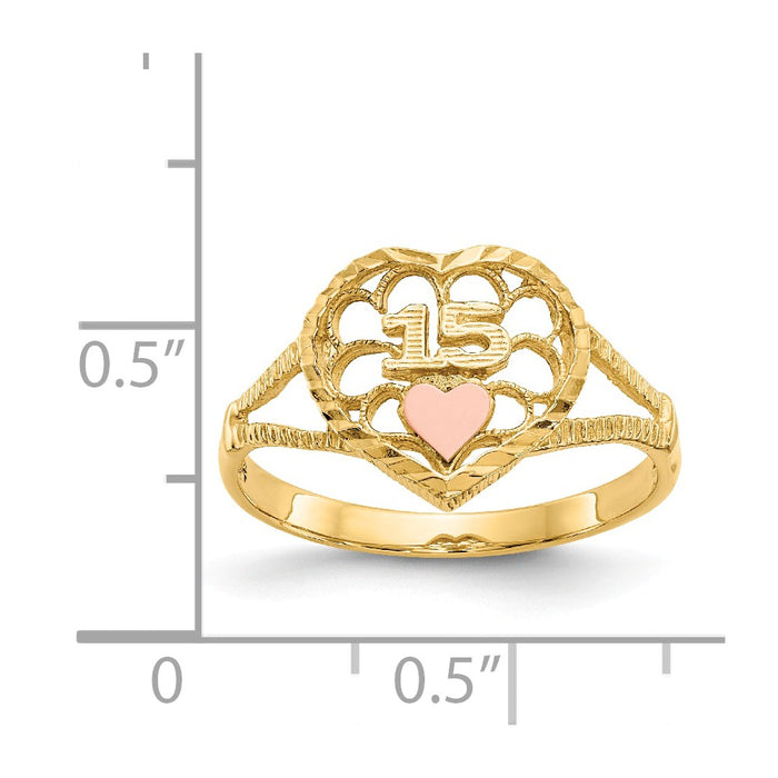 14K Two-Tone Gold Diamond-cut 15 Heart Ring, Size: 6