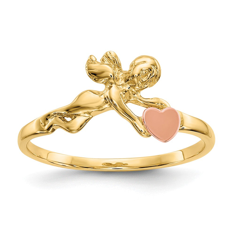 Anillo de ángel y corazón satinado en oro de dos tonos de 14K, talla: 6