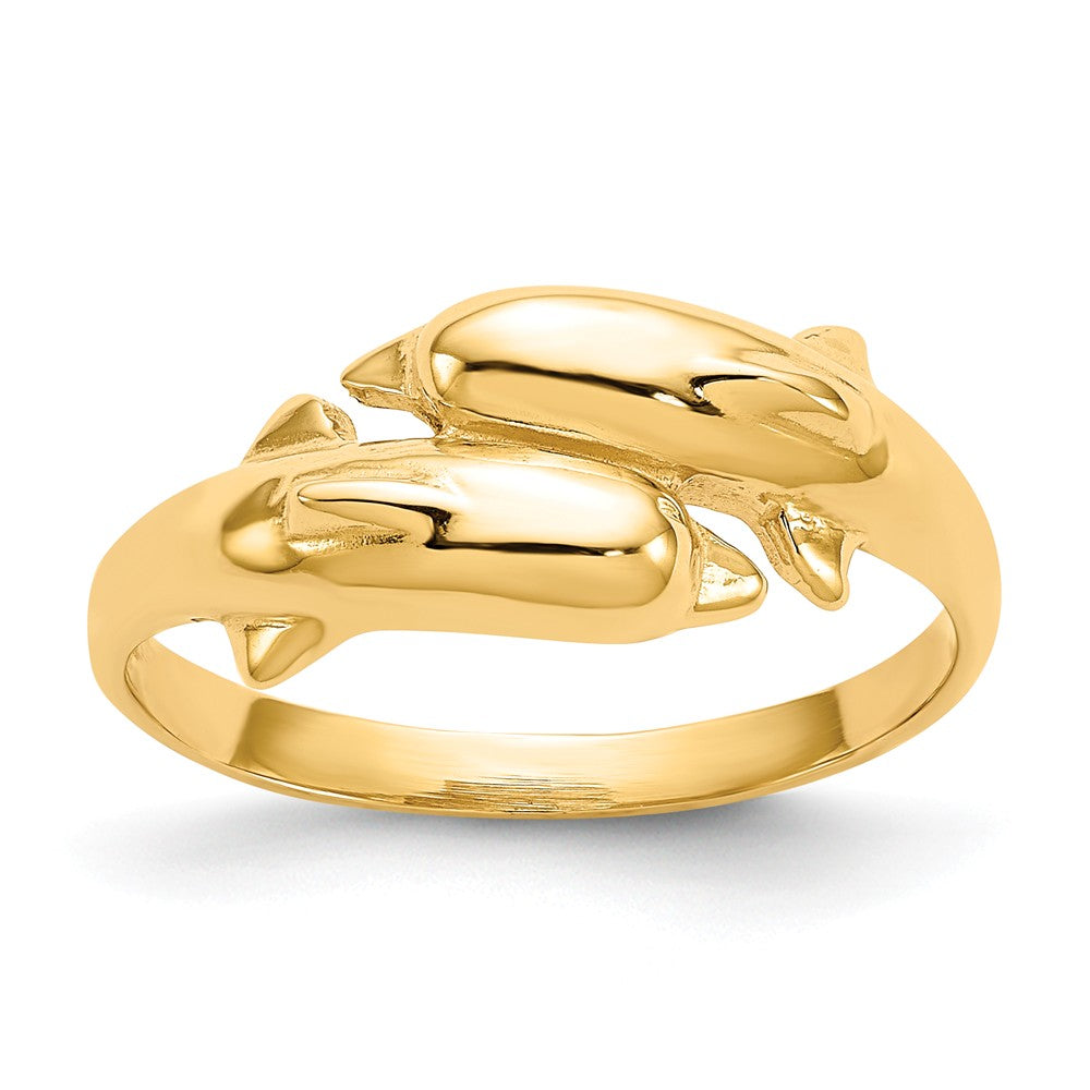 Anillo de doble delfín en oro amarillo de 14 quilates, talla: 6