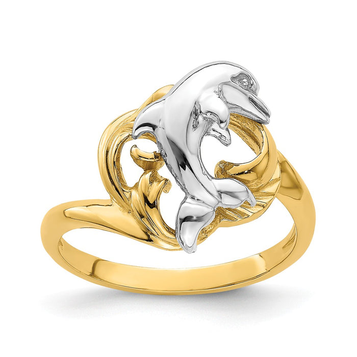 14k Two-Tone Gold Dolphin Wave Ring, Size: 6