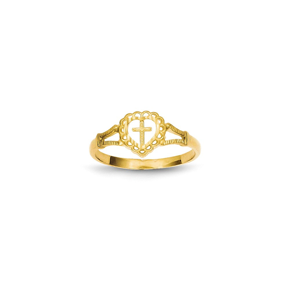 Anillo de corazón y cruz para niña de oro amarillo de 14 quilates con corte diamante, talla: 4