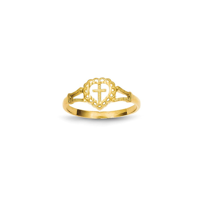 14k Yellow Gold Diamond-cut Childs Heart & Cross Ring, Size: 4