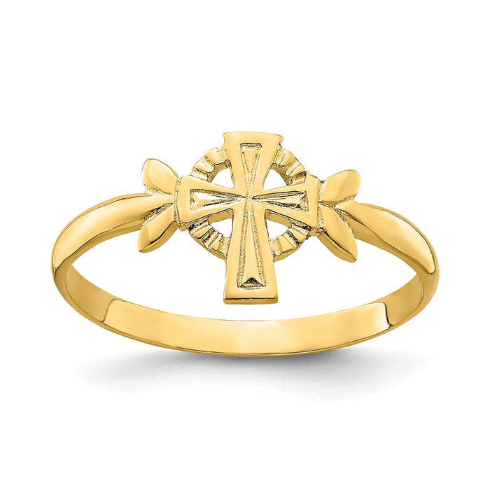 14k Yellow Gold Cross with Circle Ring, Size: 6