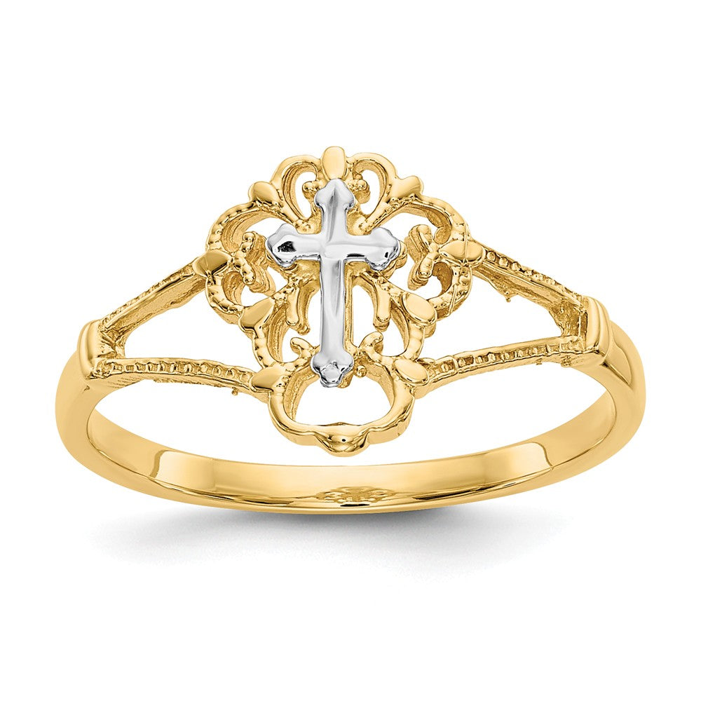 Anillo de cruz con corte de diamante en oro de dos tonos de 14K, talla: 6.5