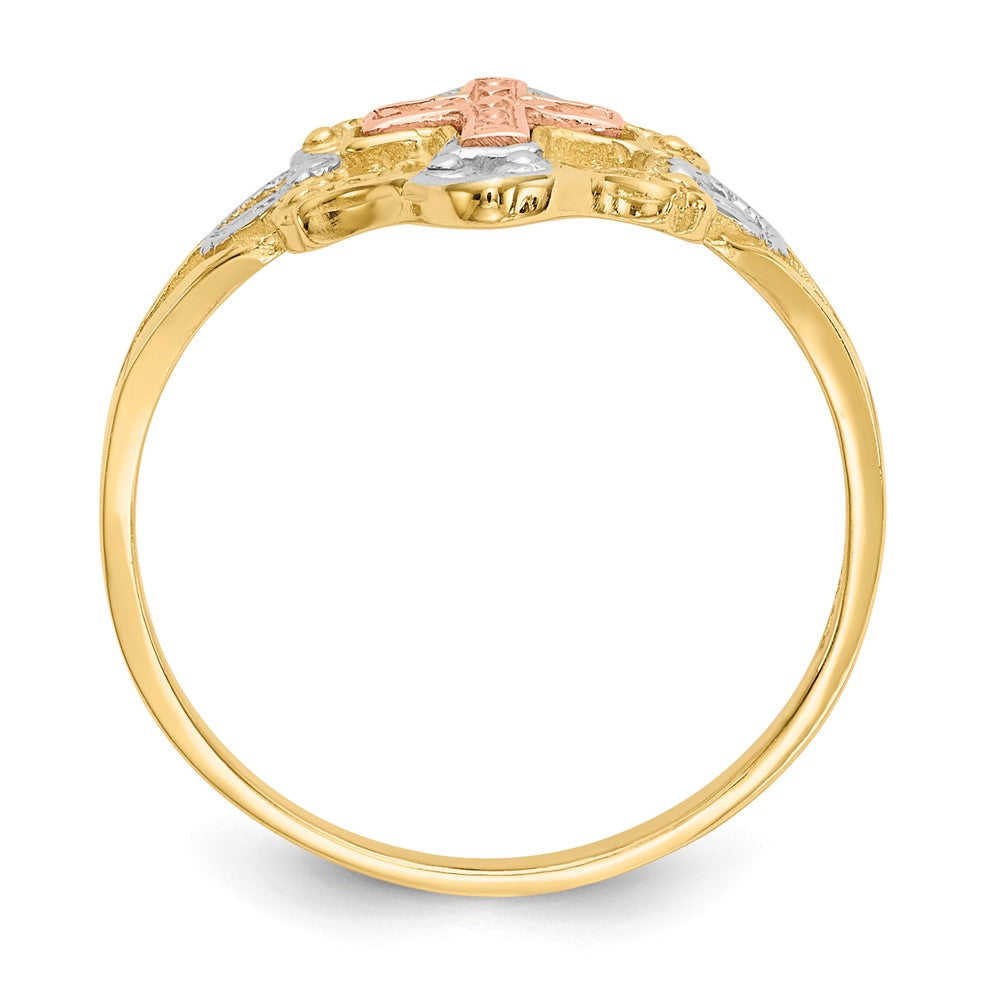 Anillo de cruz en oro tricolor de 14k, oro amarillo y rosa con rodio, talla: 7