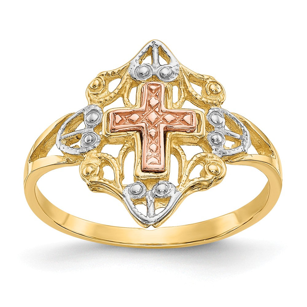 Anillo de cruz en oro tricolor de 14k, oro amarillo y rosa con rodio, talla: 7
