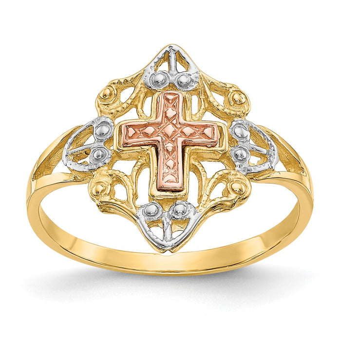 14k Tri-Color Gold, Yellow & Rose Gold with Rhodium Cross Ring, Size: 7