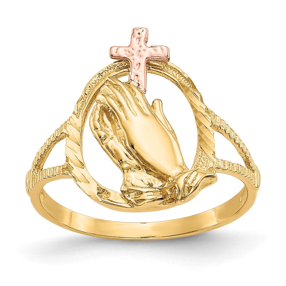 Anillo de cruz con manos en oración en oro de dos tonos de 14K con corte diamante, talla: 6