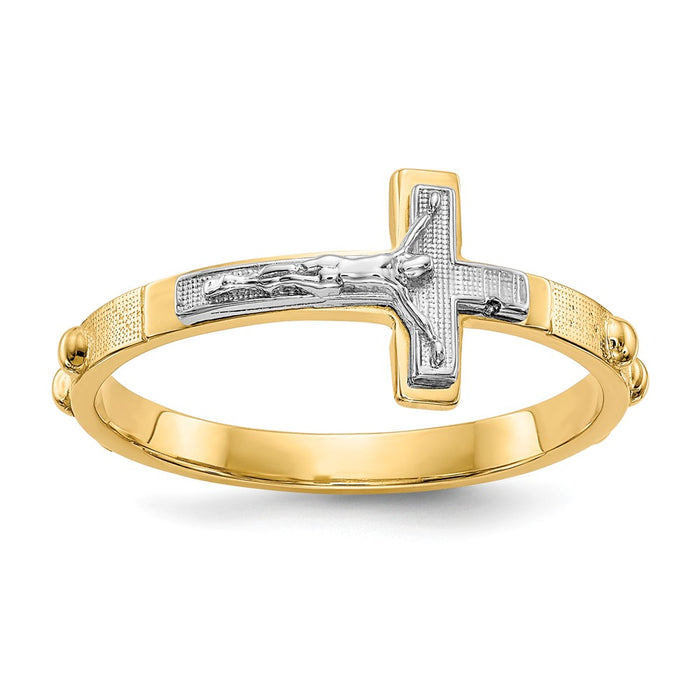 14K Two-Tone Gold Crucifix Rosary Ring, Size: 7