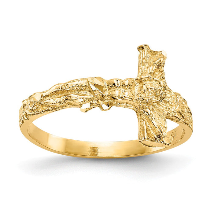 14k Yellow Gold Diamond-cut Crucifix Ring, Size: 7