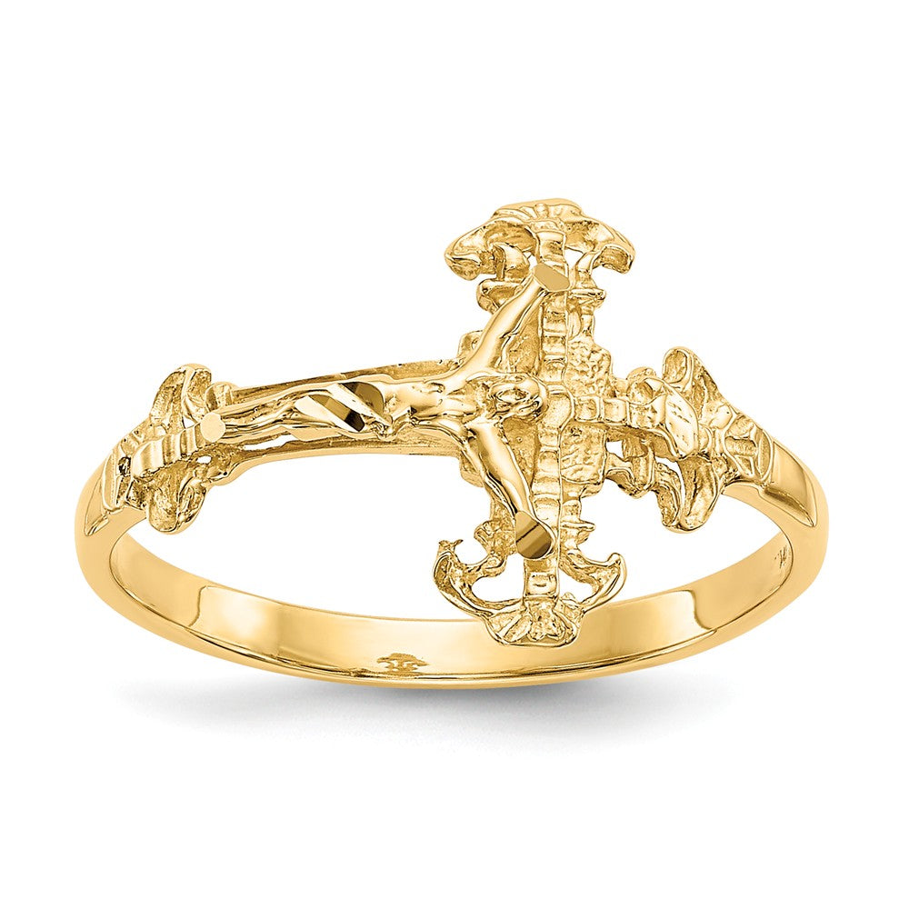 Anillo de crucifijo con corte de diamante en oro amarillo de 14k, Talla: 6