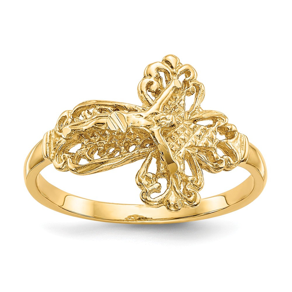 Anillo de crucifijo con corte de diamante en oro amarillo de 14k, Talla: 6