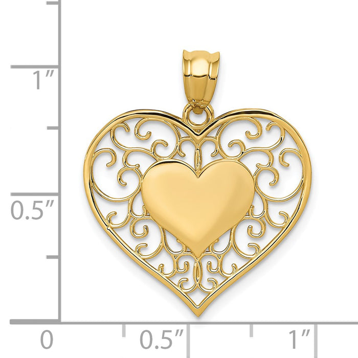 Million Charms 14K Yellow Gold Themed Polished Filigree Heart Pendant