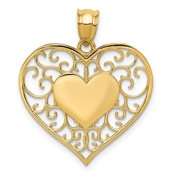 Million Charms 14K Yellow Gold Themed Polished Filigree Heart Pendant