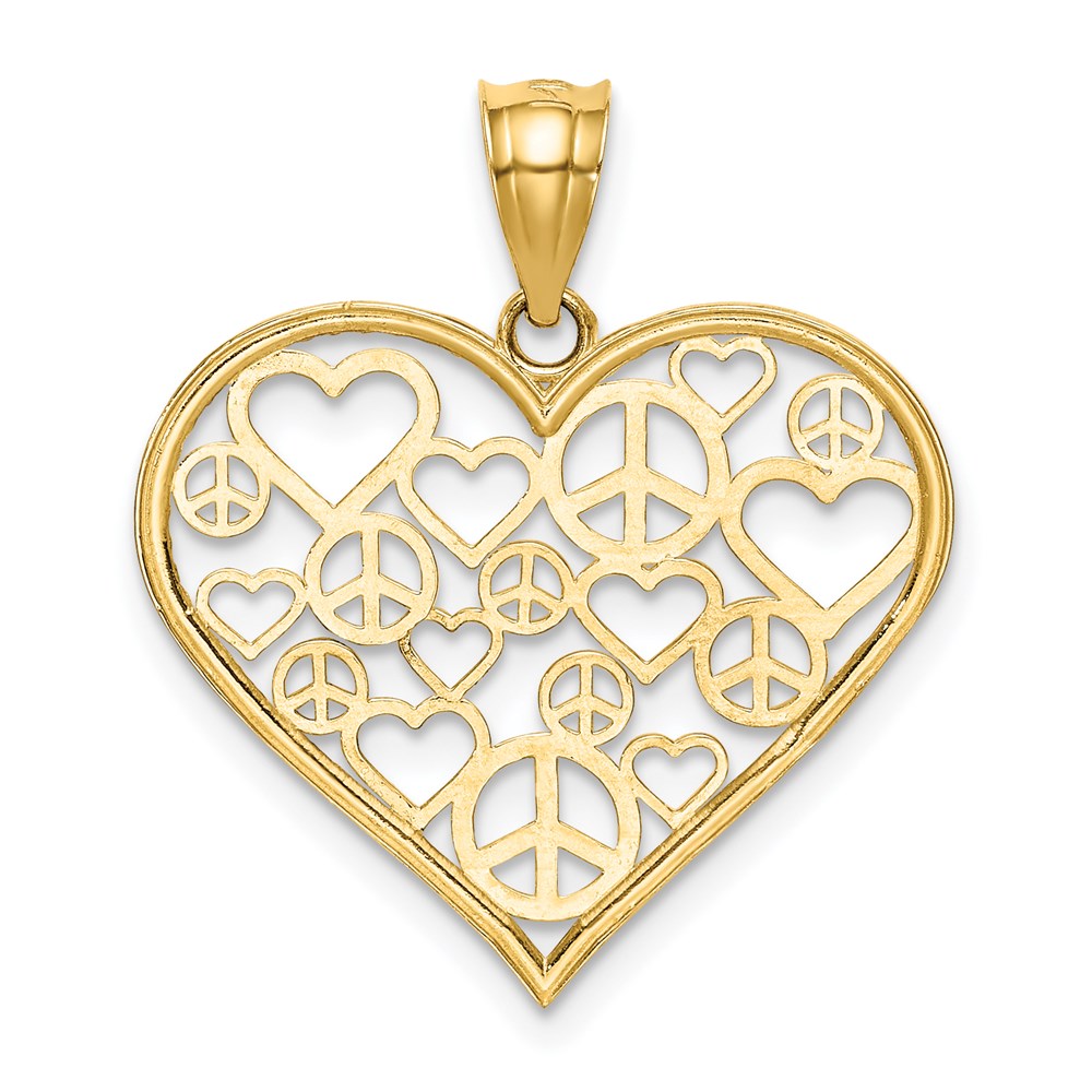 Million Charms 14K Yellow Gold Themed Polished Hearts & Peace Signs In Heart Pendant