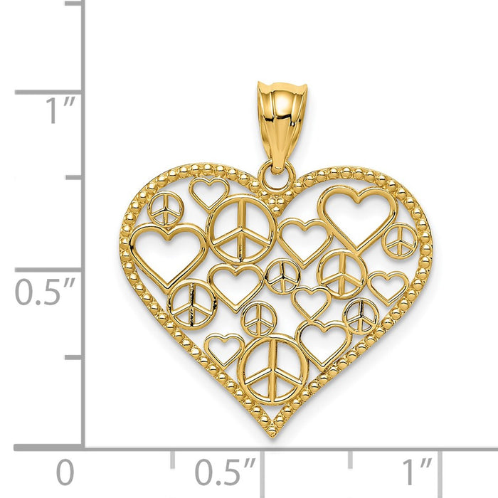 Million Charms 14K Yellow Gold Themed Polished Hearts & Peace Signs In Heart Pendant