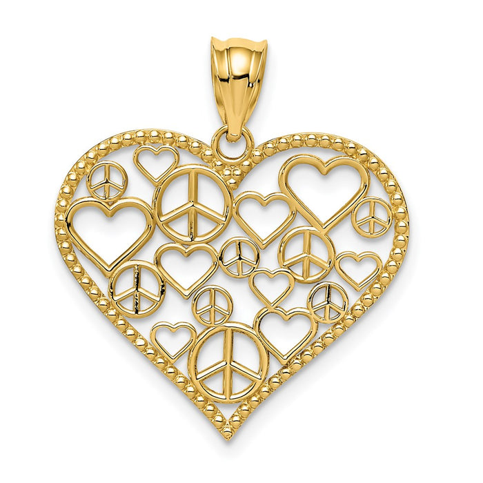 Million Charms 14K Yellow Gold Themed Polished Hearts & Peace Signs In Heart Pendant