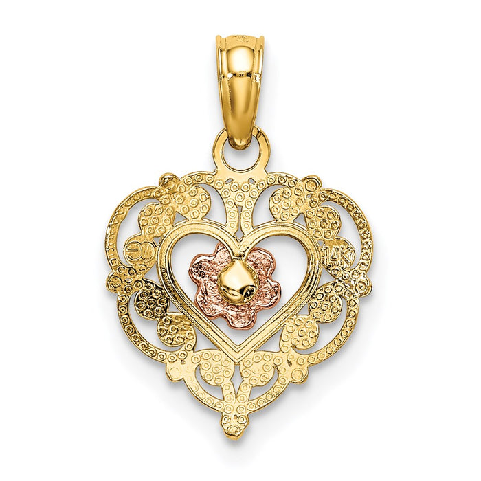 Million Charms 14K Two-Tone Polished Flower In Fancy Border Heart Pendant