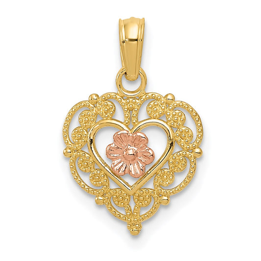 Million Charms 14K Two-Tone Polished Flower In Fancy Border Heart Pendant