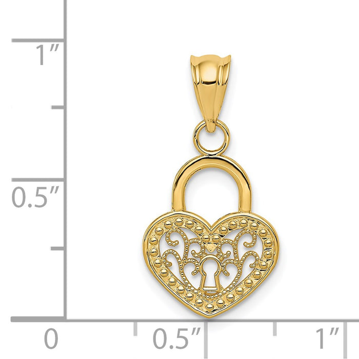 Million Charms 14K Yellow Gold Themed Polished Filigree Heart Lock Charm