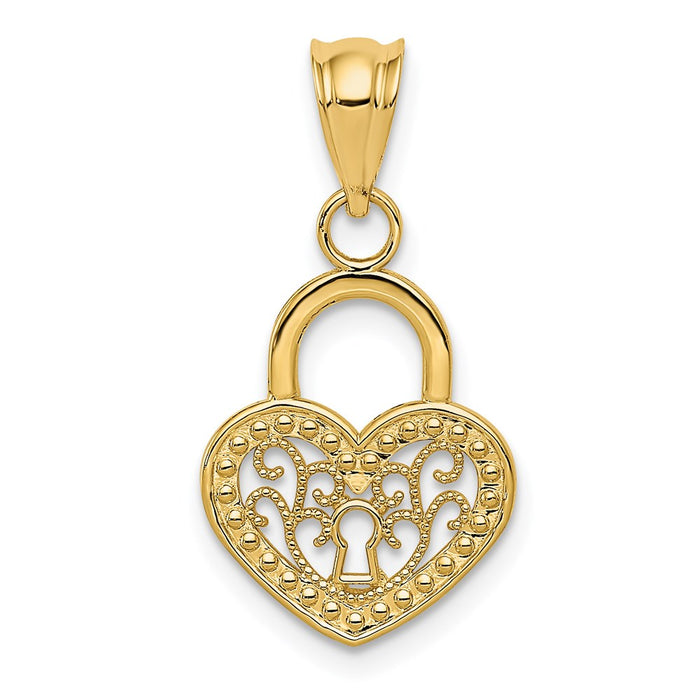 Million Charms 14K Yellow Gold Themed Polished Filigree Heart Lock Charm