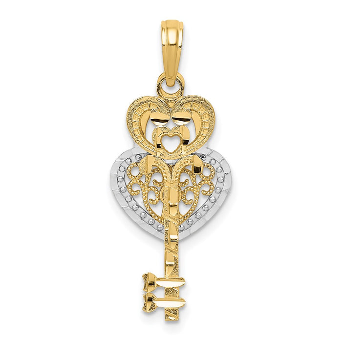 Million Charms 14K Yellow Gold Themed With Rhodium-plated Polished Filigree Heart Key & Heart Lock Charm