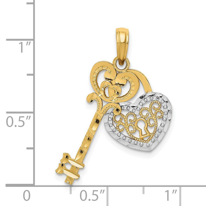 Million Charms 14K Yellow Gold Themed With Rhodium-plated Polished Filigree Heart Key & Heart Lock Charm