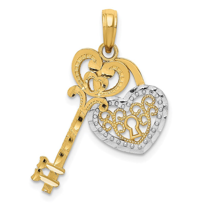 Million Charms 14K Yellow Gold Themed With Rhodium-plated Polished Filigree Heart Key & Heart Lock Charm