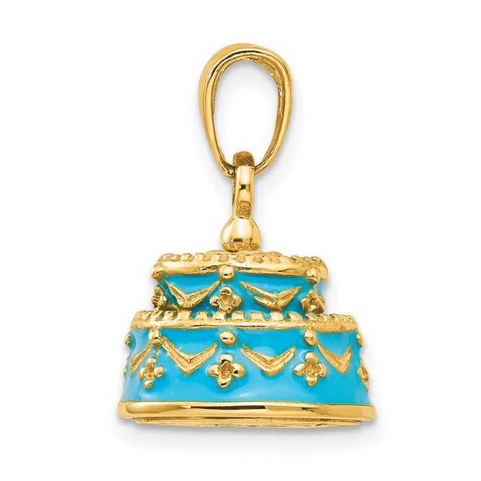 Million Charms 14K Yellow Gold Themed 3-D Aqua Blue Enameled Happy Birthday Cake Pendant