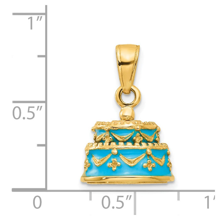 Million Charms 14K Yellow Gold Themed 3-D Aqua Blue Enameled Happy Birthday Cake Pendant