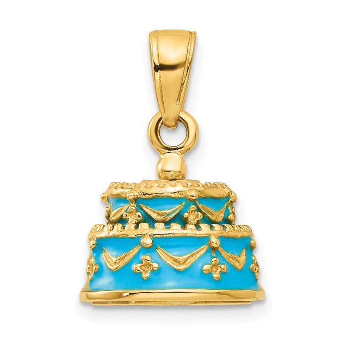 Million Charms 14K Yellow Gold Themed 3-D Aqua Blue Enameled Happy Birthday Cake Pendant