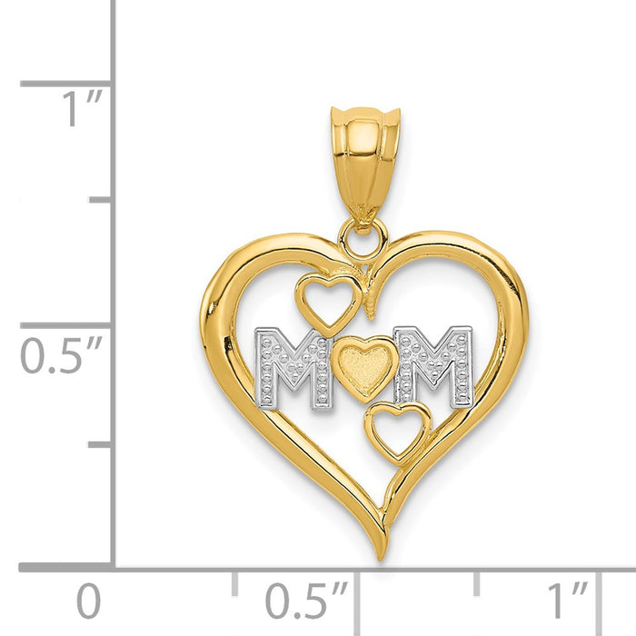 Million Charms 14K Yellow Gold Themed, Rhodium-plated Diamond-Cut Mom Heart Pendant