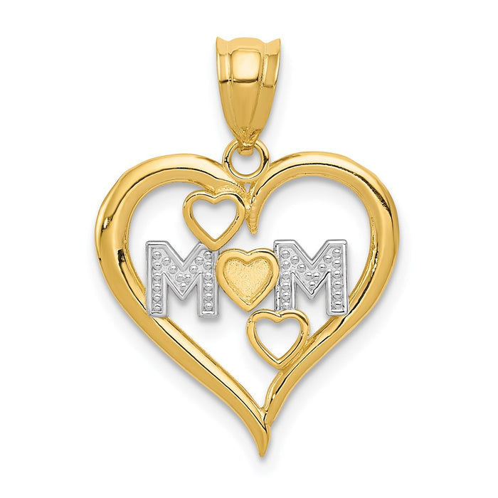 Million Charms 14K Yellow Gold Themed, Rhodium-plated Diamond-Cut Mom Heart Pendant