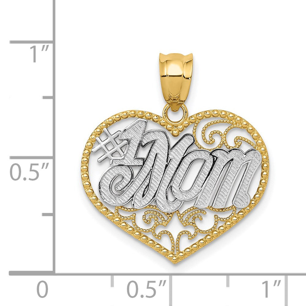 Million Charms 14K Yellow Gold Themed, Rhodium-plated Filigree #1 Mom Heart Pendant