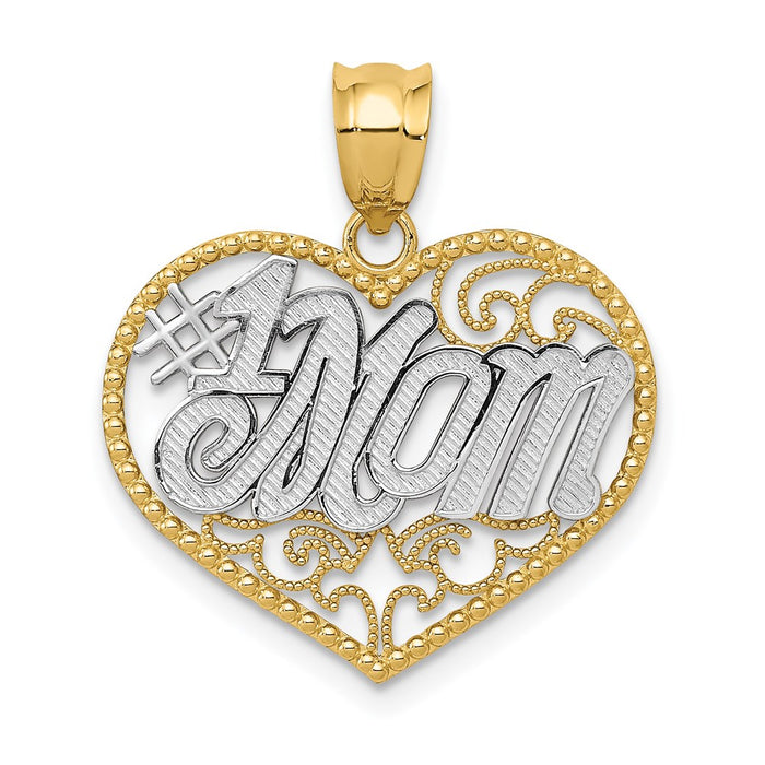 Million Charms 14K Yellow Gold Themed, Rhodium-plated Filigree #1 Mom Heart Pendant