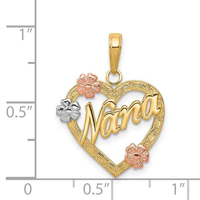 Million Charms 14K Tri-Color Nana In Heart With Flowers Pendant