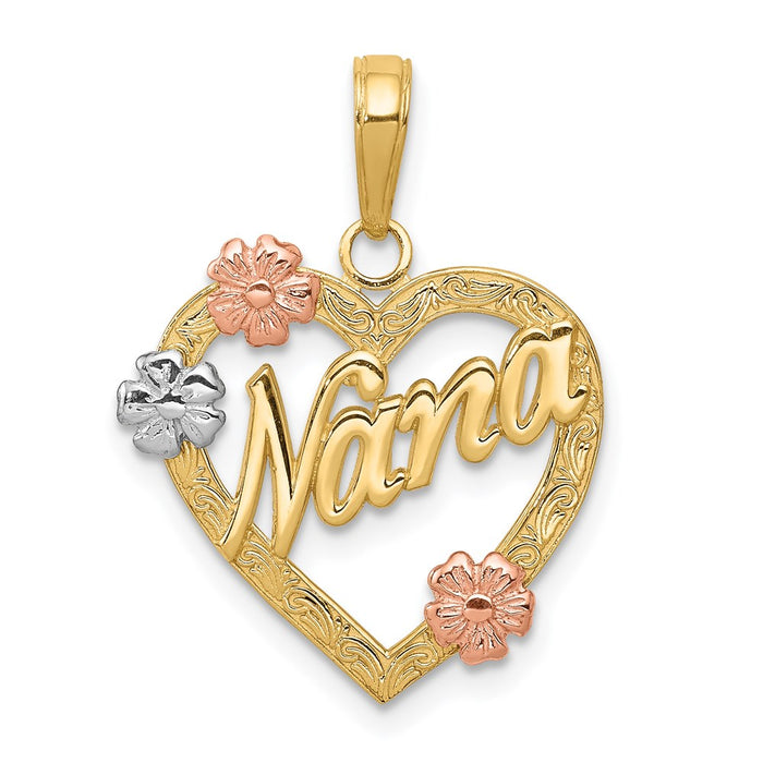 Million Charms 14K Tri-Color Nana In Heart With Flowers Pendant